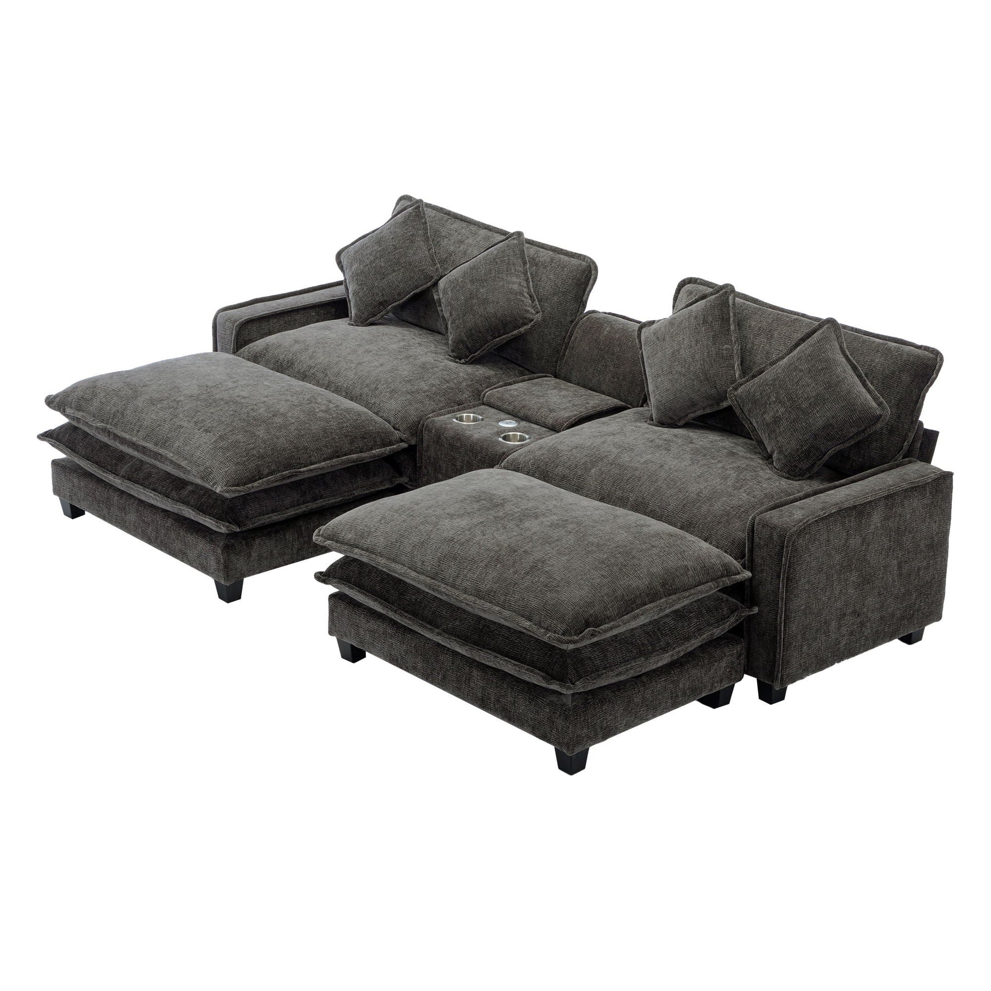 Modern gray fabric sectional sofa with removable ottomans and cup holders HouseOfZazla on Tampa Home & Garden Store