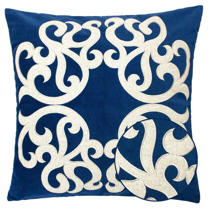 Dora pillow cover with matching back; navy blue accent pillow with ivory scroll embroidery on Tampa Home & Garden Store