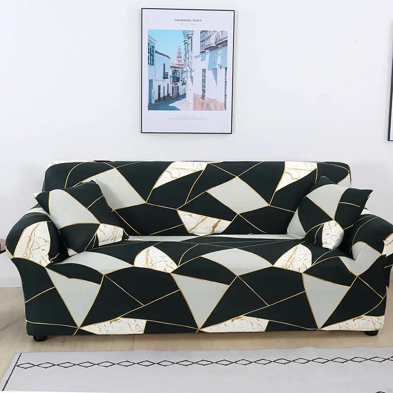 Sofa cover set in black and cream geometric triangles with gold accents, includes cushions on Tampa Home & Garden Store