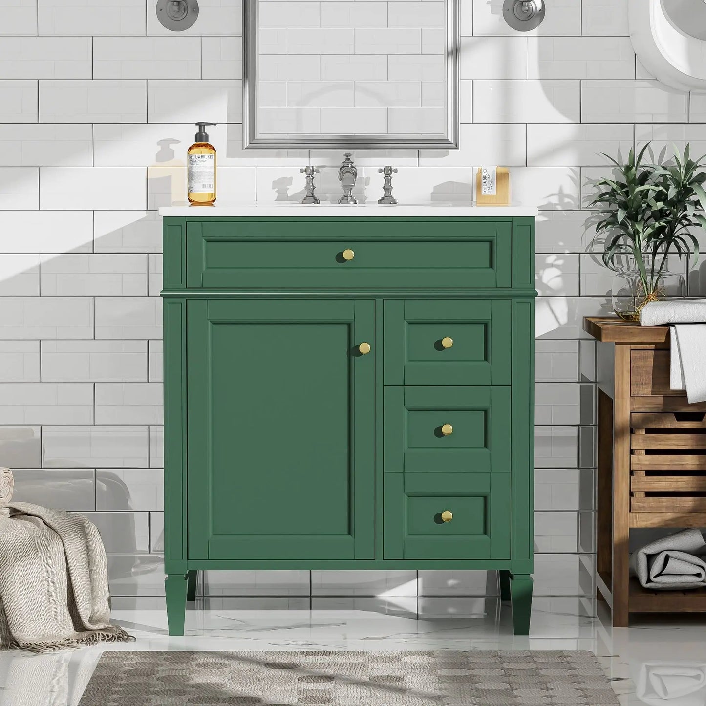 Bathroom vanity with top sink, 2 drawers & tip-out drawer, green with white countertop on Tampa Home & Garden Store