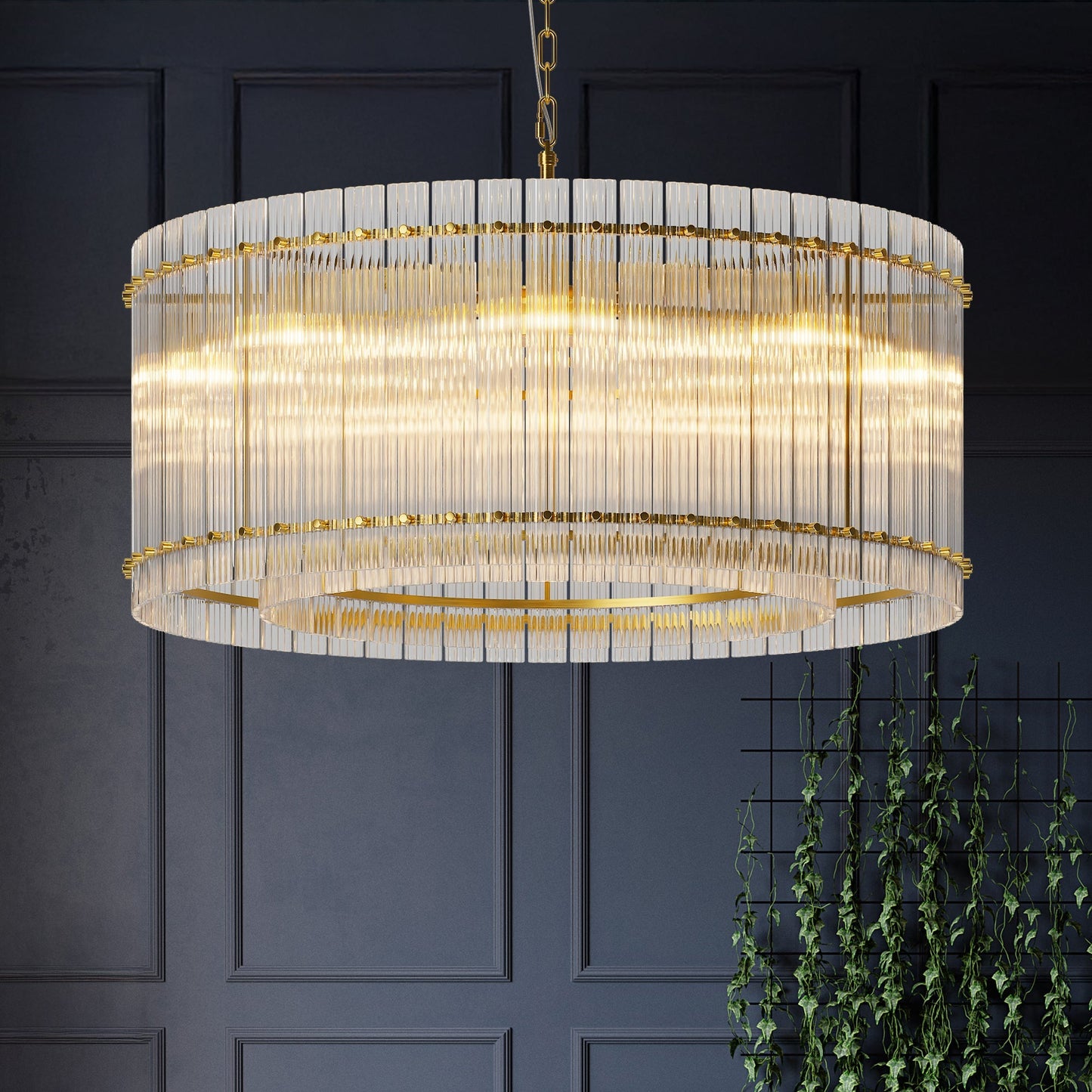 37-inch Modern Gold Round 8-Light Crystal Chandelier with vertical glass rods by HouseOfZazla on Tampa Home & Garden Store
