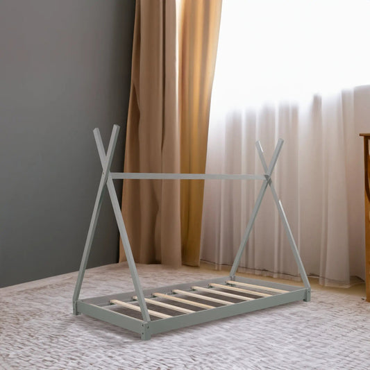 Twin size house platform bed frame in gray with triangle end supports and slatted base on Tampa Home & Garden Store