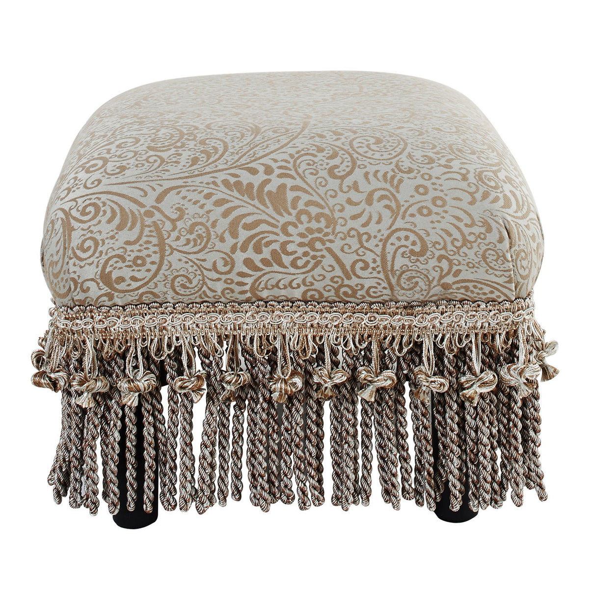 Handcrafted accent ottoman by HouseOfZazla with solid wood frame beige damask fabric on Tampa Home & Garden Store