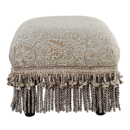 Handcrafted accent ottoman by HouseOfZazla with solid wood frame beige damask fabric on Tampa Home & Garden Store