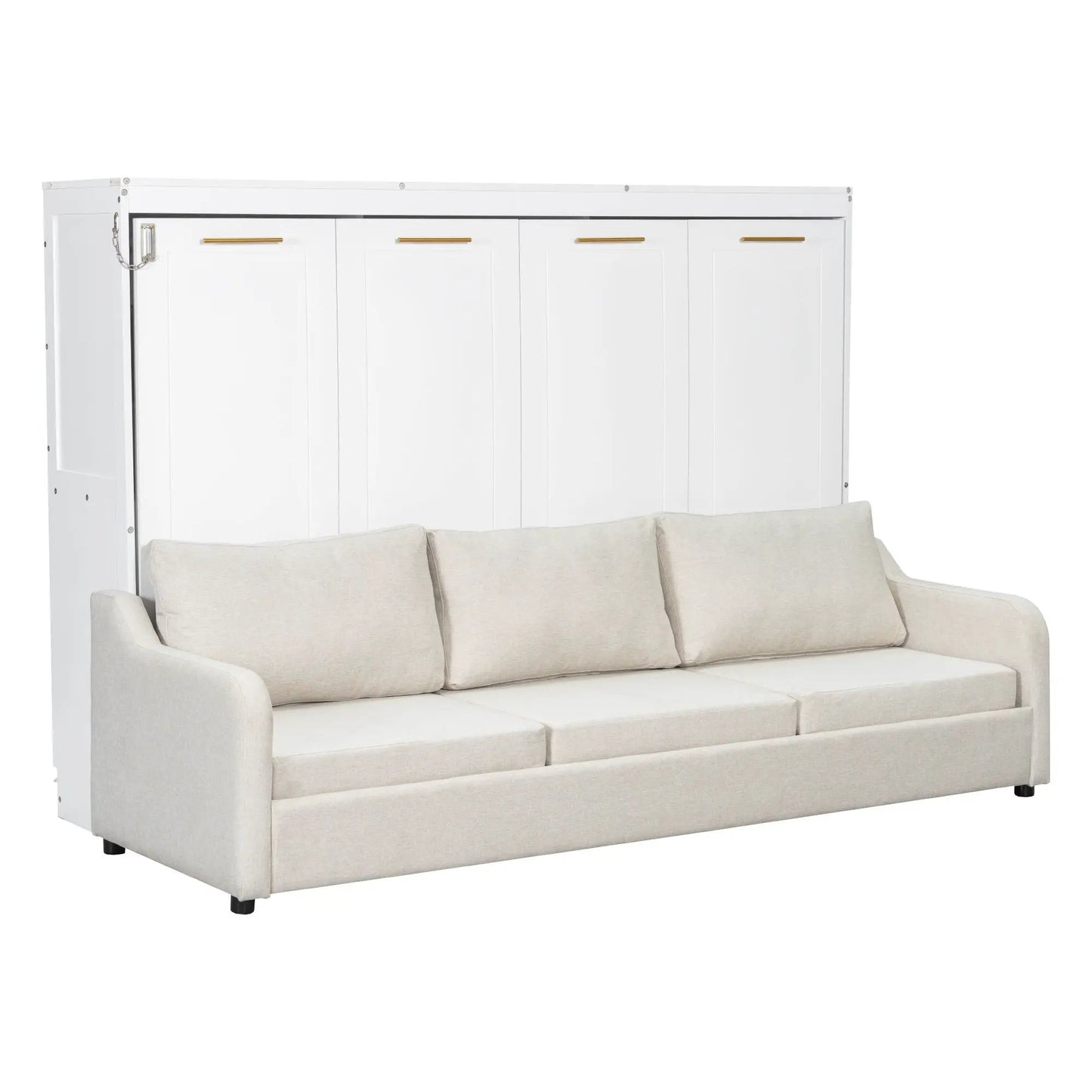 White Murphy cabinet bed with folding sofa, built-in storage shelves and gold handles on Tampa Home & Garden Store