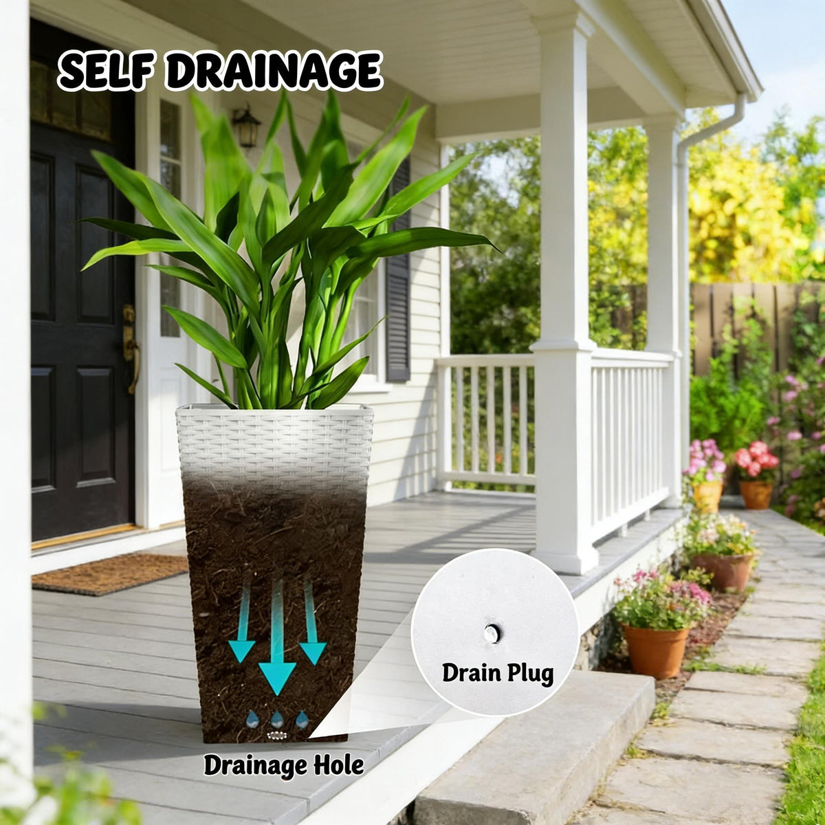 Spacious Plant Pots tall planters box set of 3, white woven finish with tall green plant on Tampa Home & Garden Store