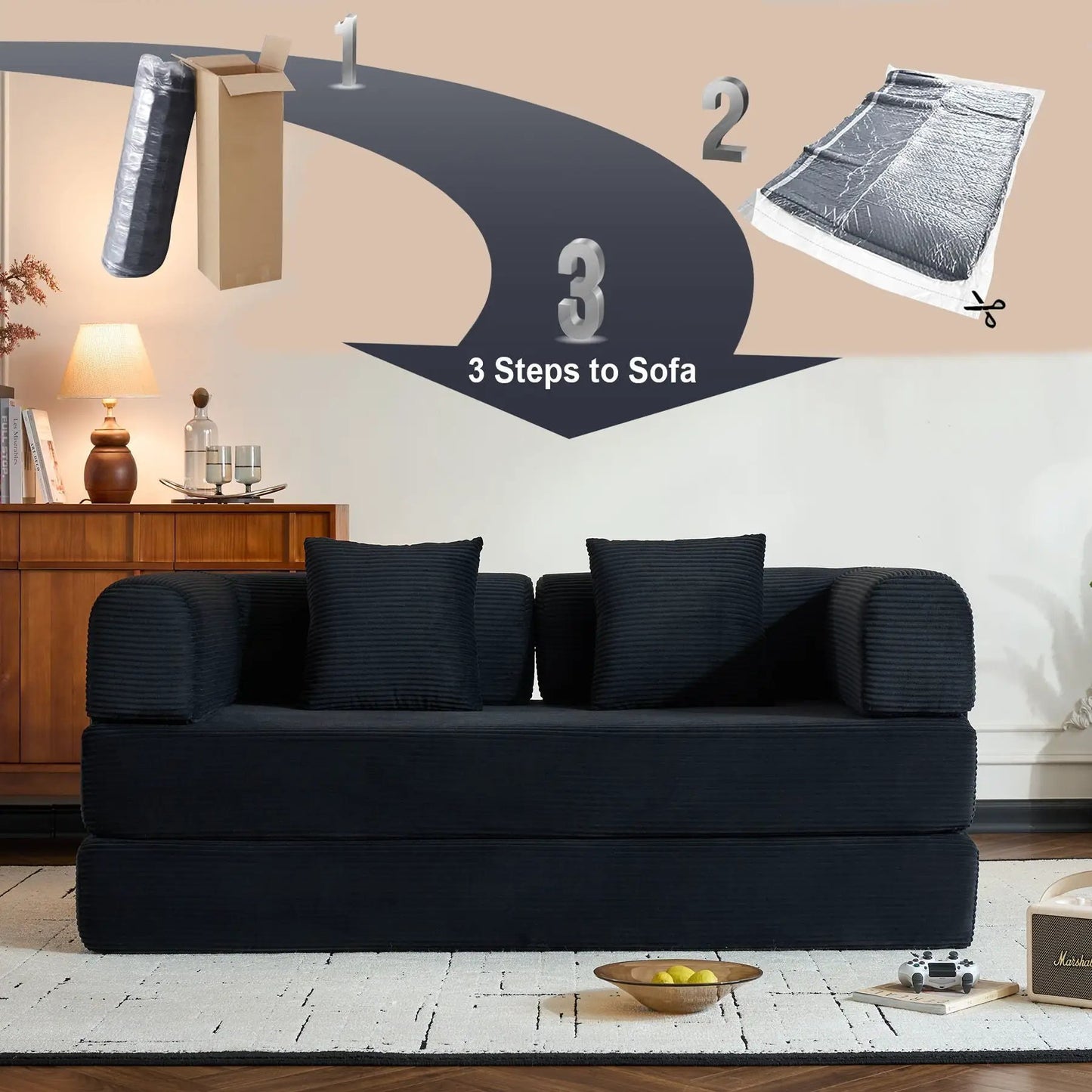 Convertible sleeper futon sofa in black fabric with cylindrical pillow and fixed-shape frame on Tampa Home & Garden Store