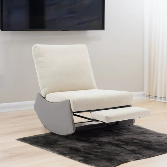 Modern rocking recliner chair with footrest in beige fabric and gray frame for nursery on Tampa Home & Garden Store