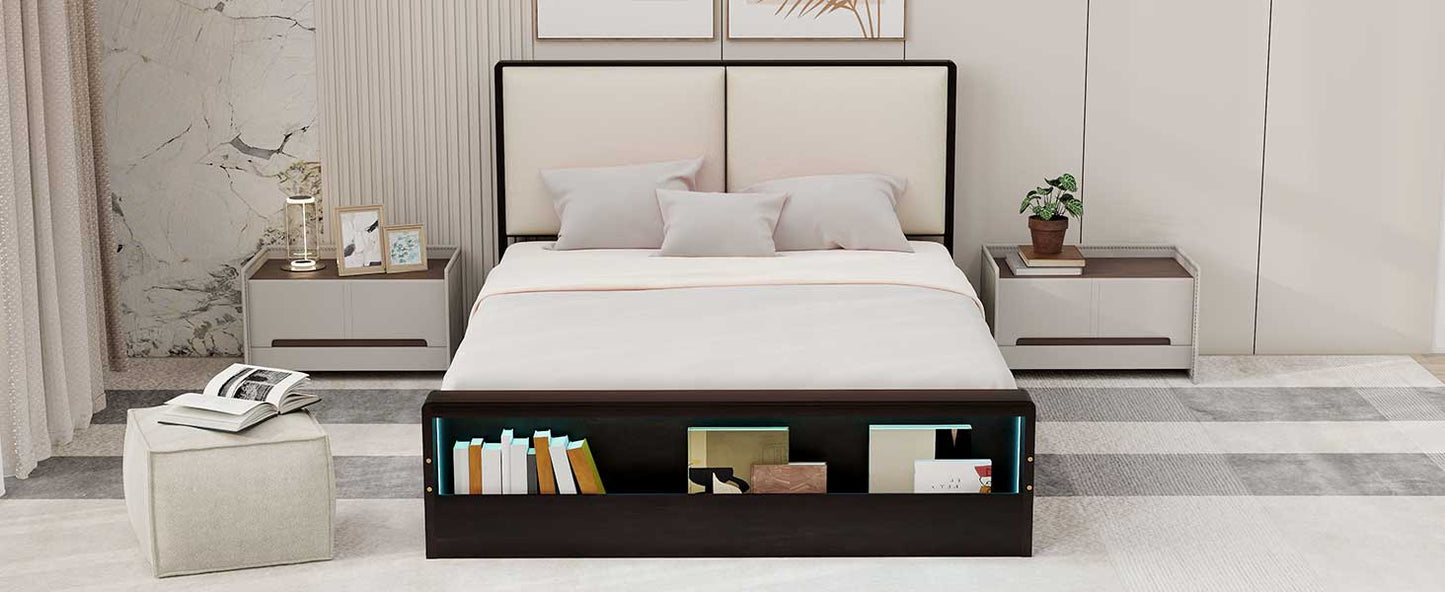 Queen Size Platform Bed Frame with Upholstery Headboard and Bookshelf in Footboard and LED Light Strips, Espresso - Tampa Home & Garden Store