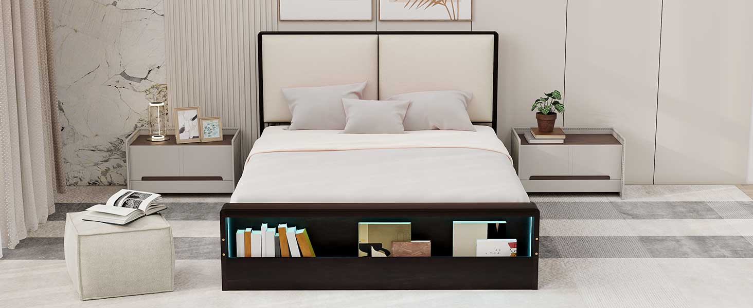 Queen Size Platform Bed Frame with Upholstery Headboard and Bookshelf in Footboard and LED Light Strips, Espresso - Tampa Home & Garden Store