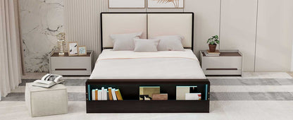 Queen Size Platform Bed Frame with Upholstery Headboard and Bookshelf in Footboard and LED Light Strips, Espresso - Tampa Home & Garden Store