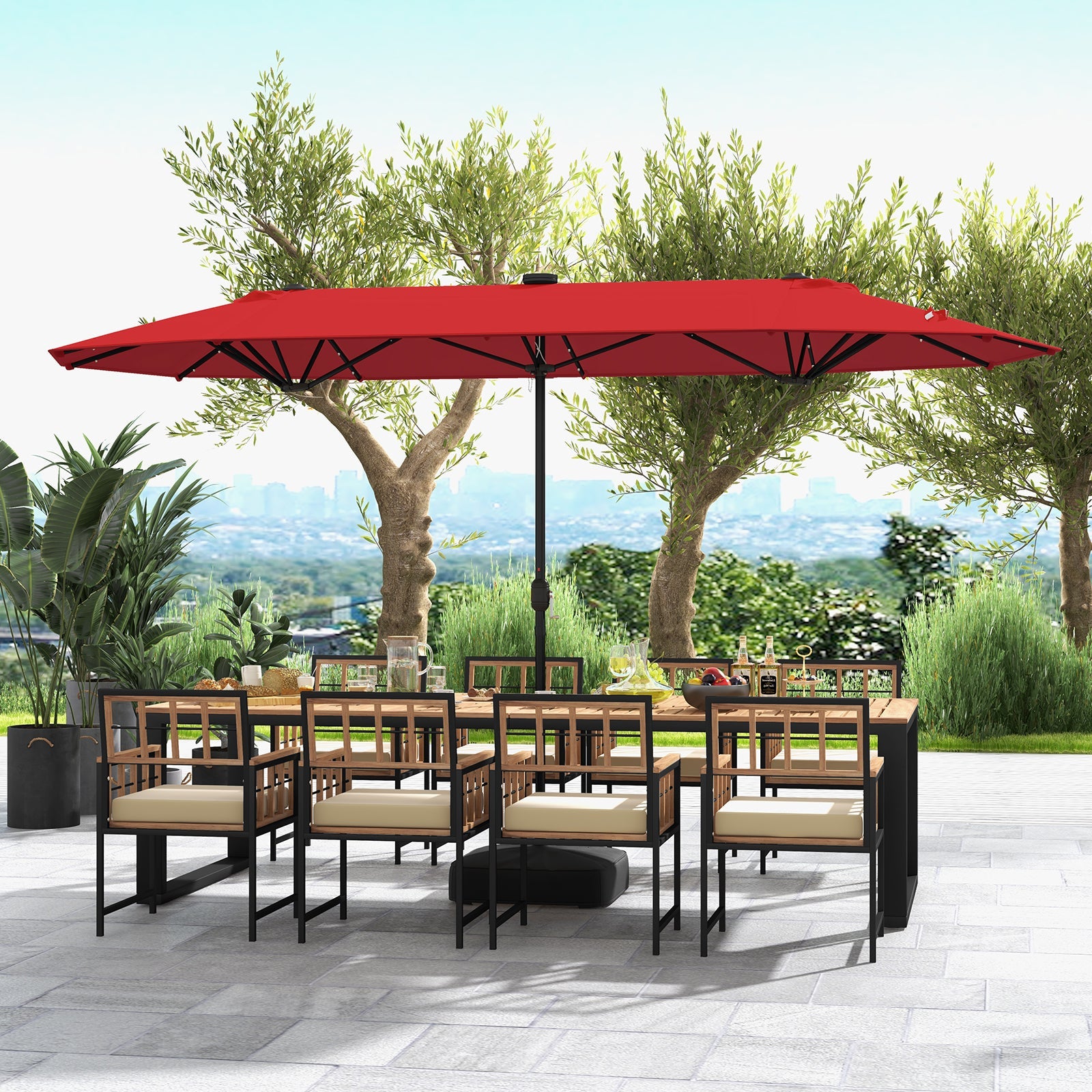 13FT Double-sided Patio Umbrella with Solar Lights for Garden Pool Backyard-Red - Tampa Home & Garden Store