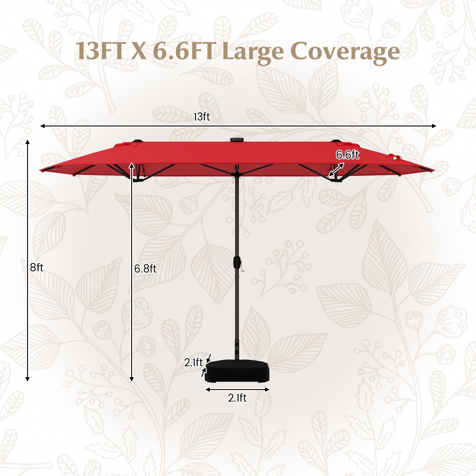 13FT Double-sided Patio Umbrella with Solar Lights for Garden Pool Backyard-Red - Tampa Home & Garden Store