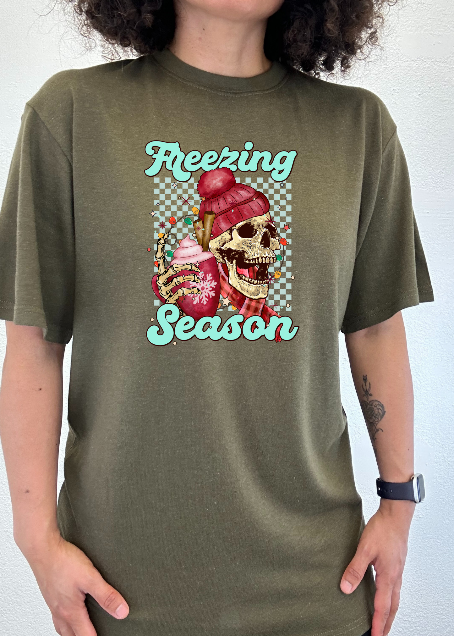 Freezing Season unisex olive graphic T-shirt by Spun Bamboo with skull design on Tampa Home & Garden Store