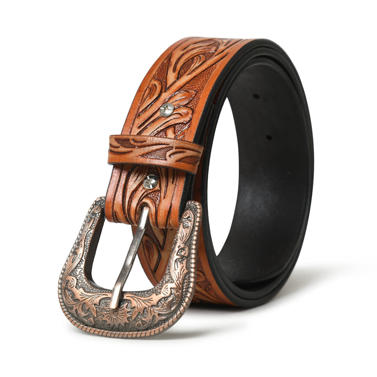 Western Cowboy Leather Belt Brown with tooled floral pattern and ornate silver buckle on Tampa Home & Garden Store