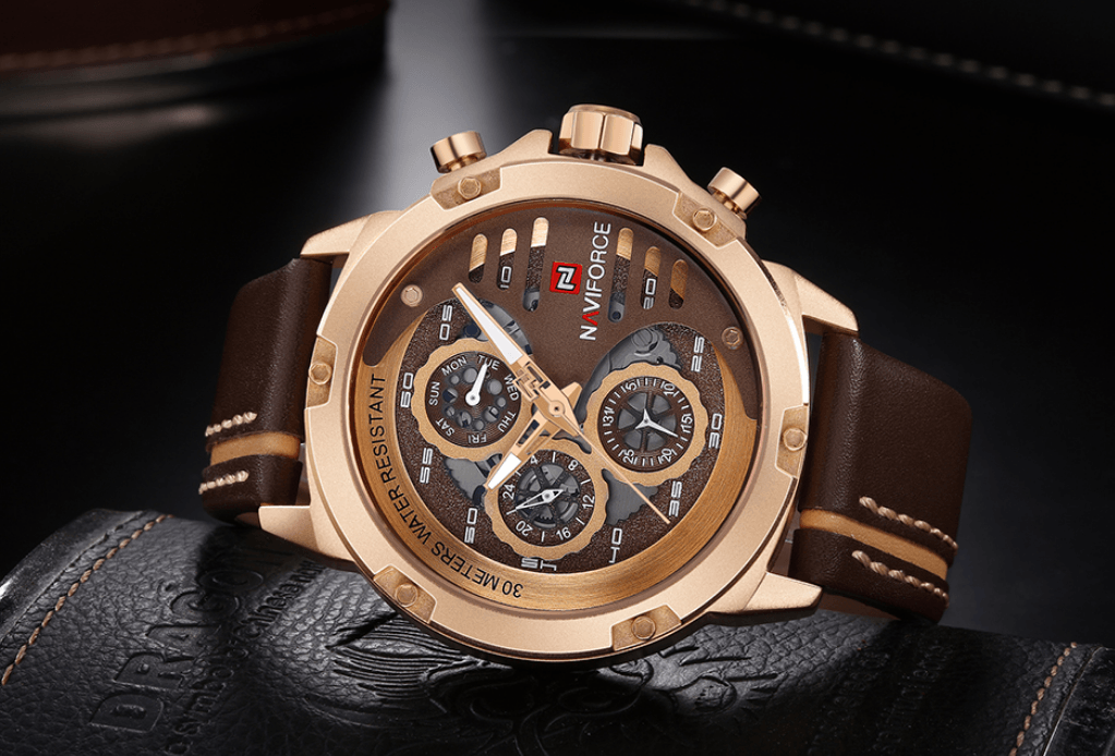 Men's Naviforce multifunction chronograph watch with brown leather strap and rose-gold case on Tampa Home & Garden Store