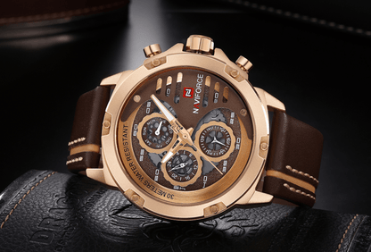 Men's Naviforce multifunction chronograph watch with brown leather strap and rose-gold case on Tampa Home & Garden Store