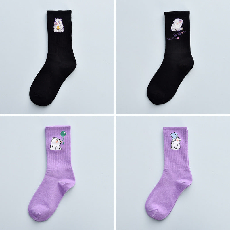Stevvex bear crew socks 4-pair black and lavender mid-waist cotton with cute cartoon bears on Tampa Home & Garden Store