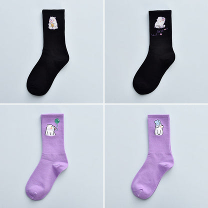 Stevvex bear crew socks 4-pair black and lavender mid-waist cotton with cute cartoon bears on Tampa Home & Garden Store