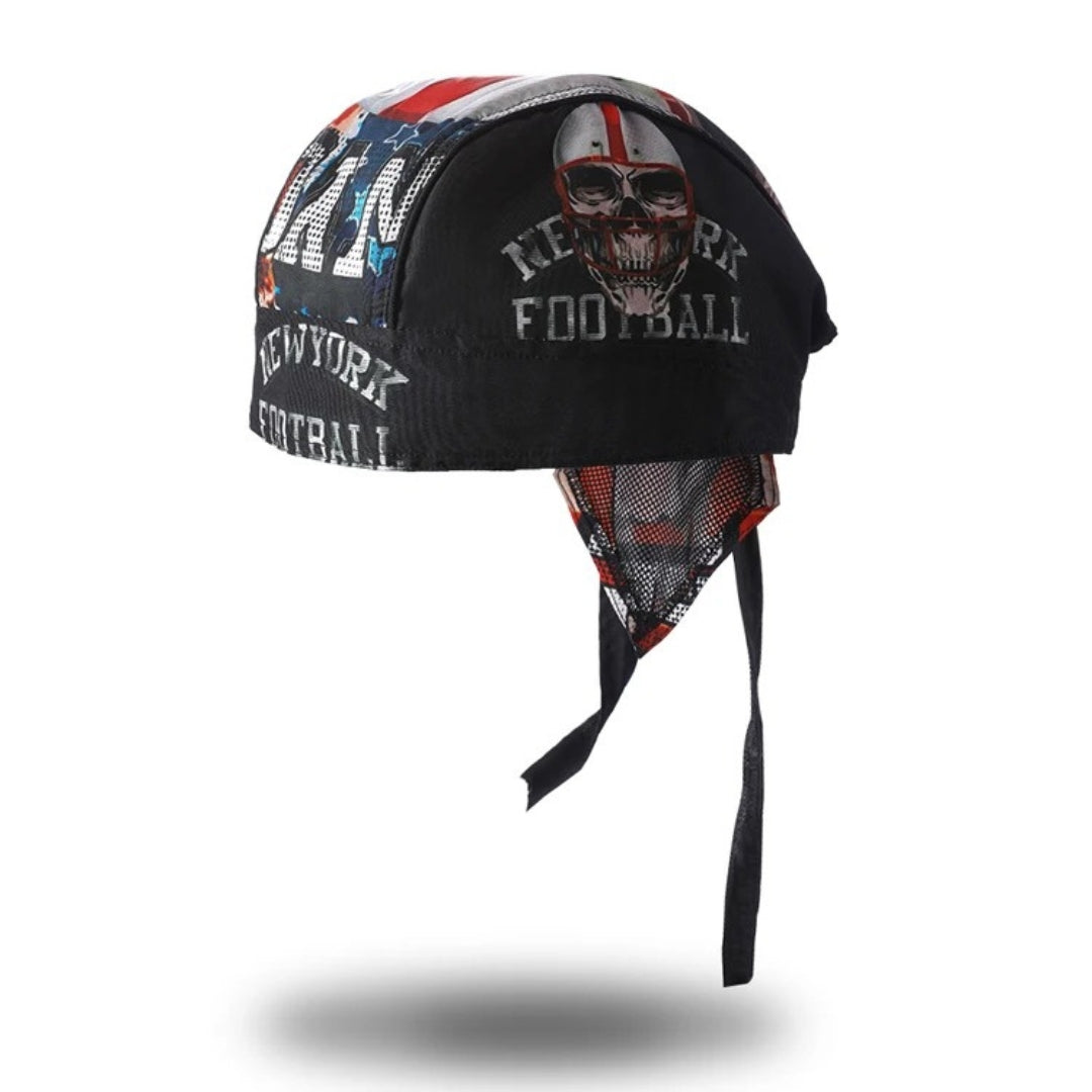 Motorcycle helmet balaclava by BikerZoneZ, black with bold print and mesh neck guard on Tampa Home & Garden Store