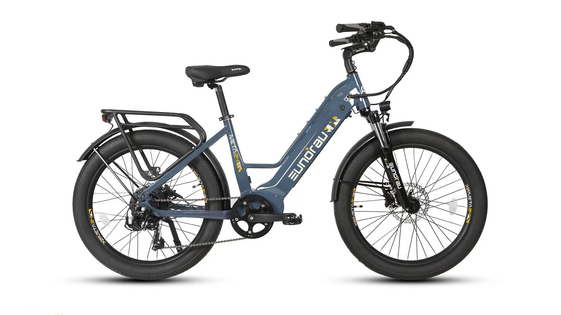 META26 1.0 electric bike by EUNORAU E-BIKE US, blue frame with fat tires and front suspension on Tampa Home & Garden Store