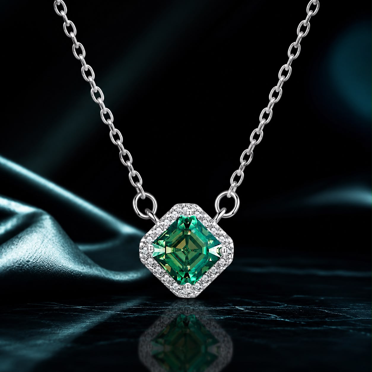 925 Sterling Silver Moissanite Pendant Necklace with emerald-green center and diamond halo on Tampa Home & Garden Store