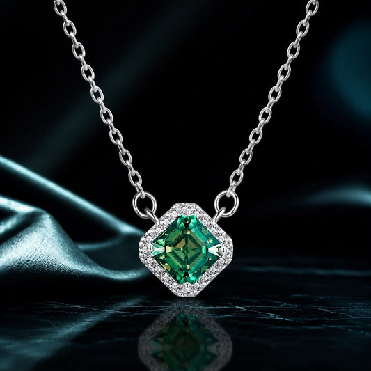 925 Sterling Silver Moissanite Pendant Necklace with emerald-green center and diamond halo on Tampa Home & Garden Store