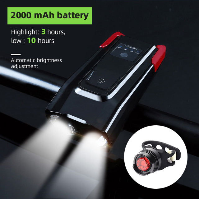 Bicycle front light by Stevvex with horn, USB rechargeable, black/red, 4000mAh battery on Tampa Home & Garden Store