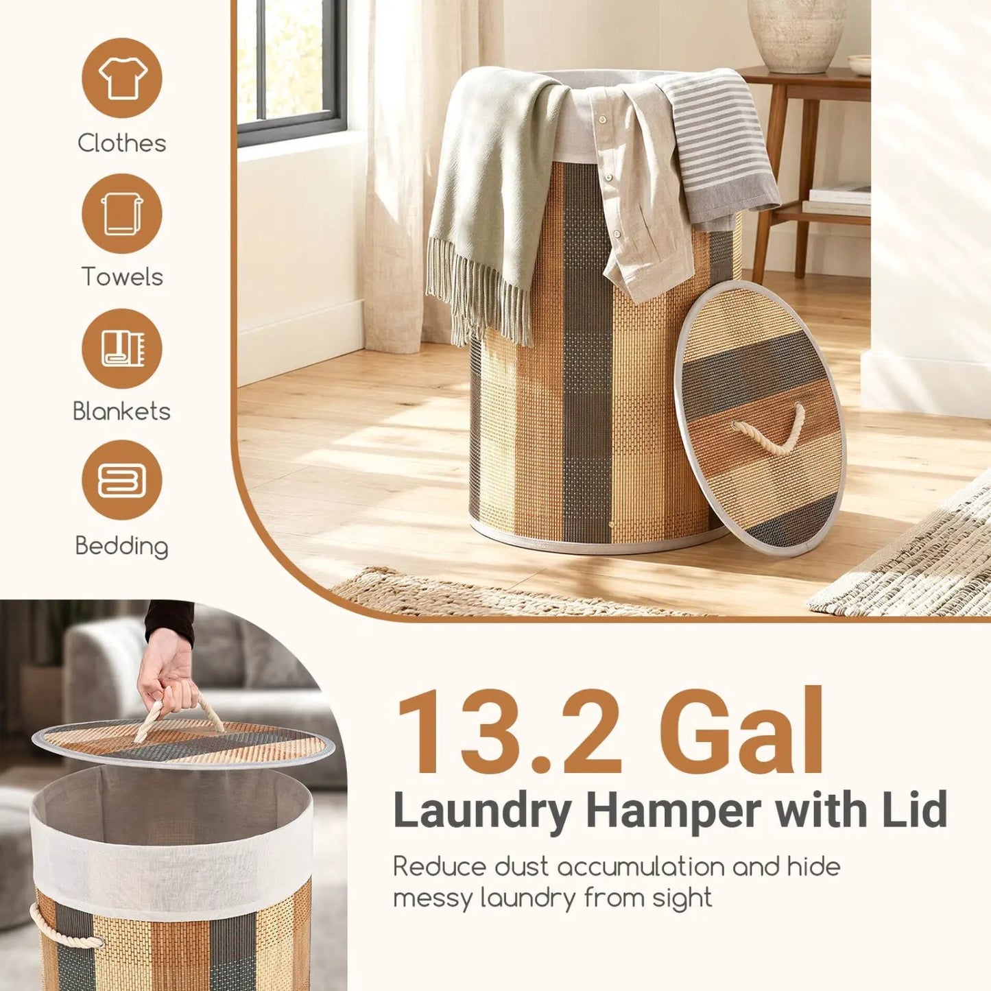 13.2 Gallon Bamboo Laundry Hamper With Liner