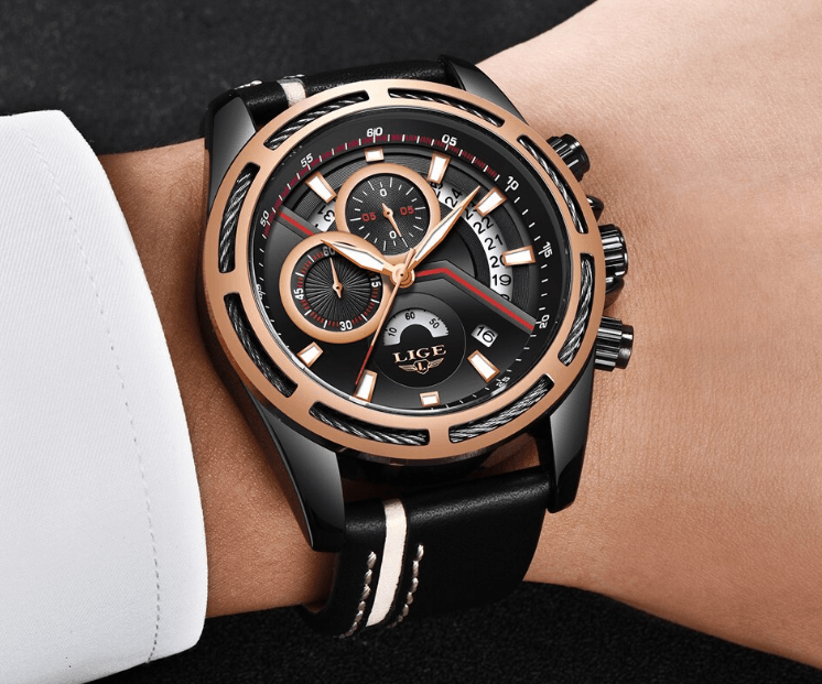 Men's Waterproof Quartz Watch with Leather Strap