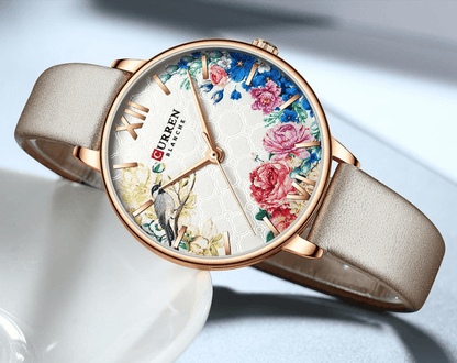Womens watch Stevvex with decoupage floral dial, rose gold case and taupe leather strap on Tampa Home & Garden Store