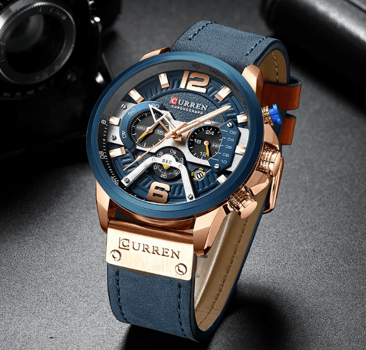 Men's Curren chronograph watch with blue dial, rose-gold case and blue leather strap on Tampa Home & Garden Store