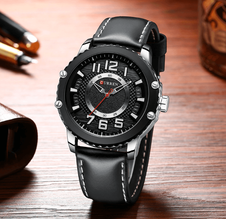 Men's waterproof sport watch with black leather strap and large numerals Curren dial on Tampa Home & Garden Store