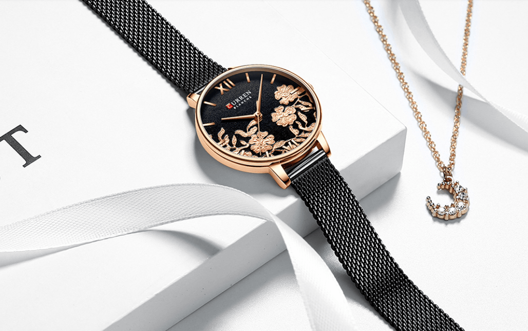 Stevvex womens waterproof watch with rose gold case and black floral dial, mesh strap on Tampa Home & Garden Store