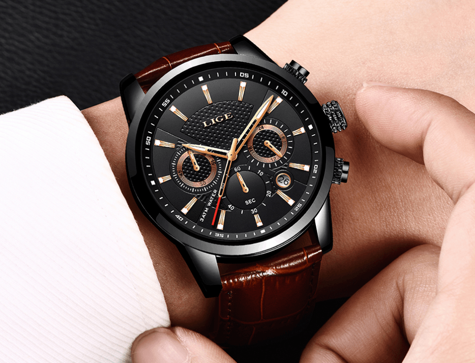 Mens waterproof chronograph ST1LG5500MKJX black dial LIGE brown leather strap on Tampa Home & Garden Store