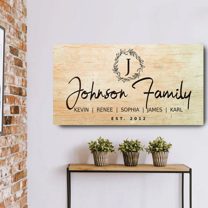 Personalized rustic family sign canvas with J monogram wreath and Johnson Family on Tampa Home & Garden Store