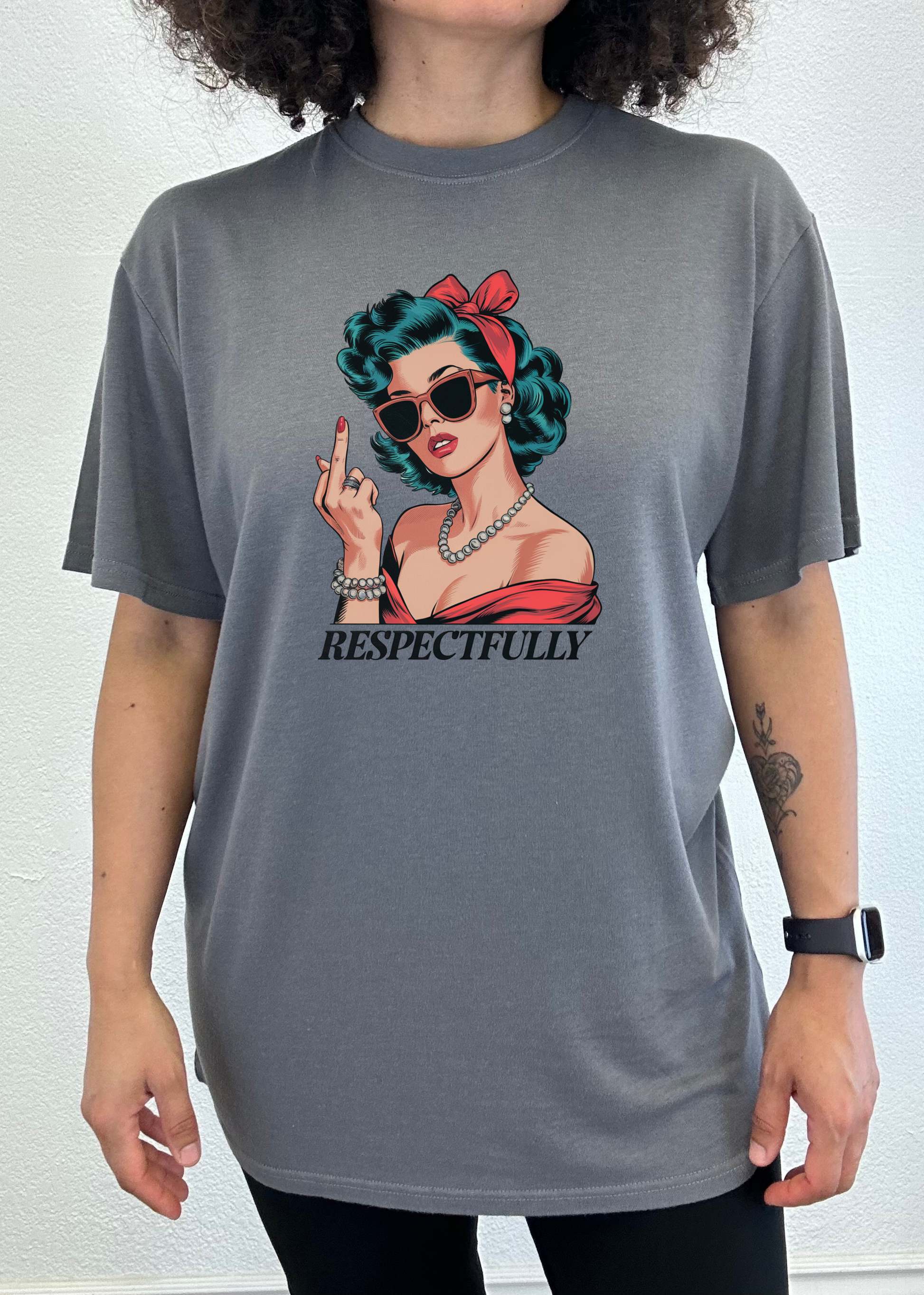 Respectfully Middle Finger graphic unisex bamboo/cotton tee gray teal hair red bow sunglasses on Tampa Home & Garden Store