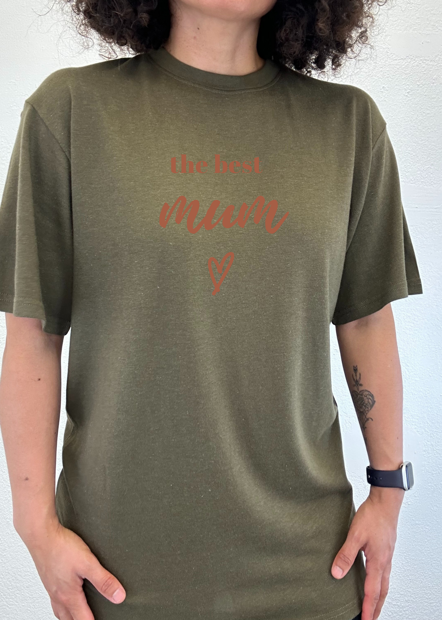 Unisex bamboo viscose organic cotton tee olive with burnt orange the best mum graphic and heart on Tampa Home & Garden Store