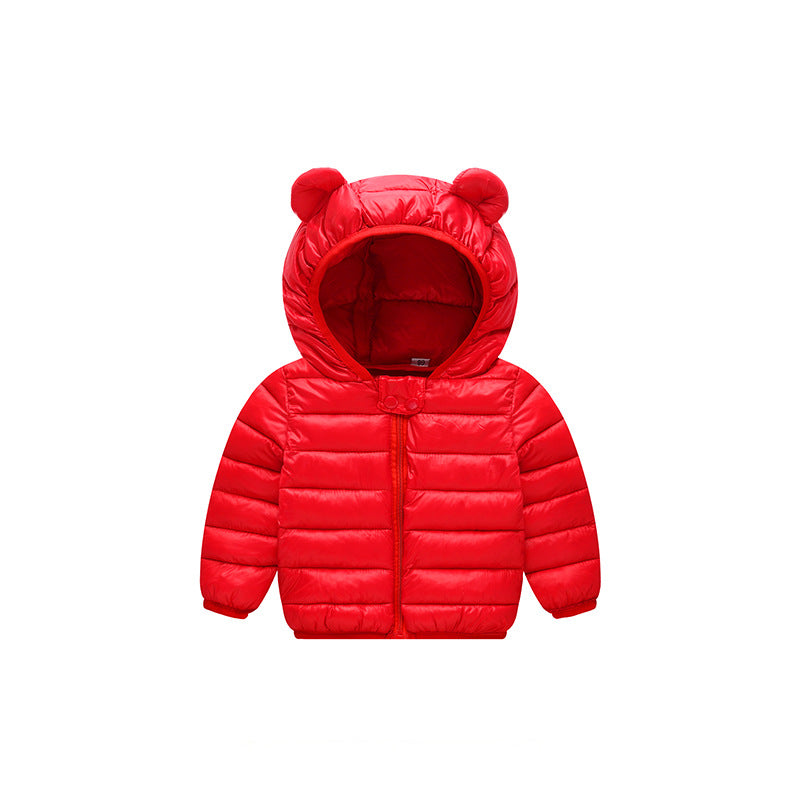 Stevvex red baby puffer jacket with bear-ear hood, warm outerwear for newborns on Tampa Home & Garden Store