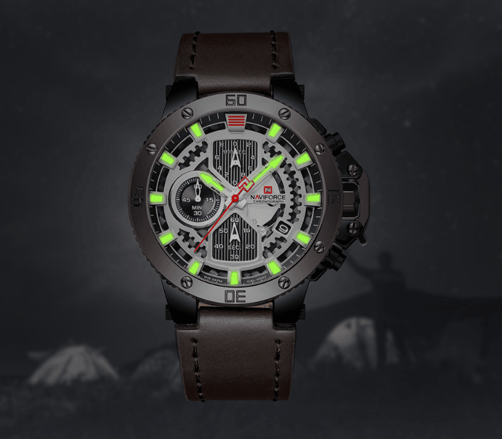 Stevvex ST1N600MK men's waterproof watch with skeleton dial and green lume brown leather strap on Tampa Home & Garden Store