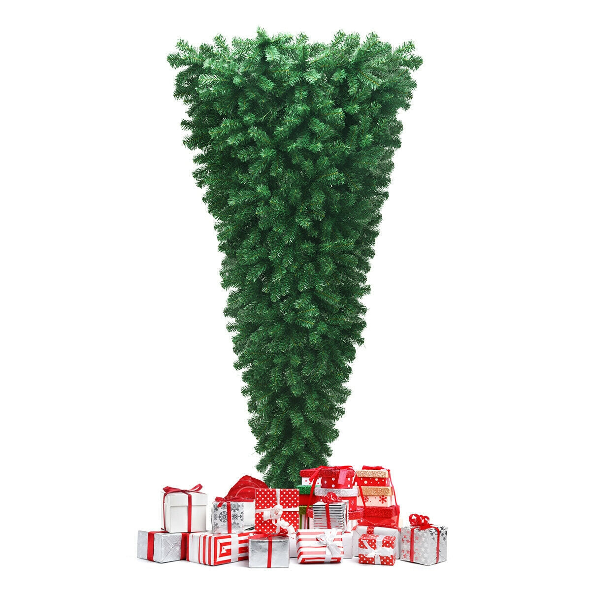 7 Feet Unlit Upside-Down Artificial Christmas Tree DirectDeals with gift-wrapped presents at its base on Tampa Home & Garden Store