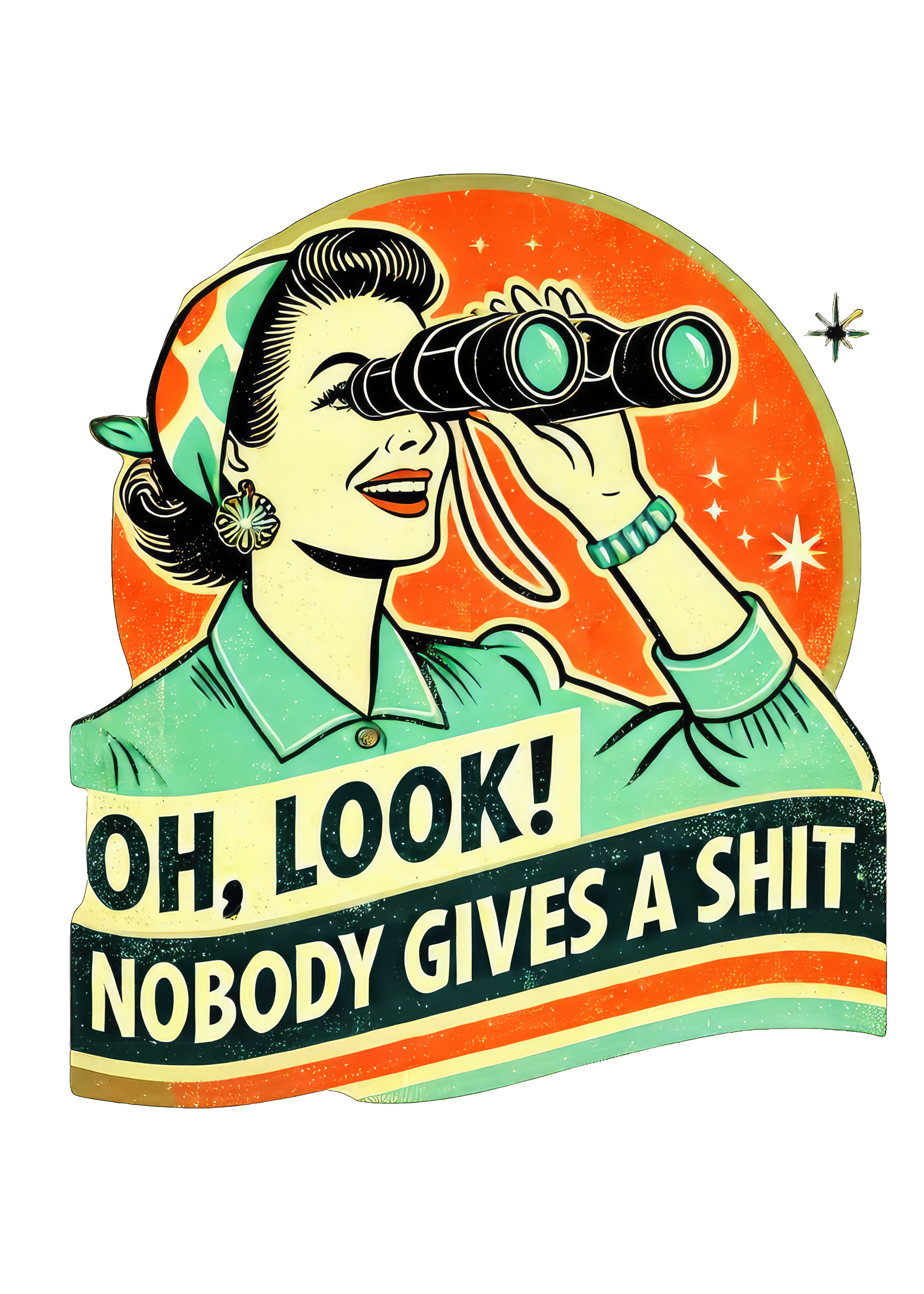 Unisex graphic T-shirt: retro woman with binoculars, teal shirt, orange backdrop; Spun Bamboo on Tampa Home & Garden Store