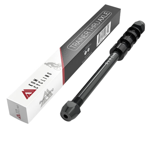 KOM Cycling Universal Thru Axle, black anodized alloy with threaded ends, shown with packaging on Tampa Home & Garden Store