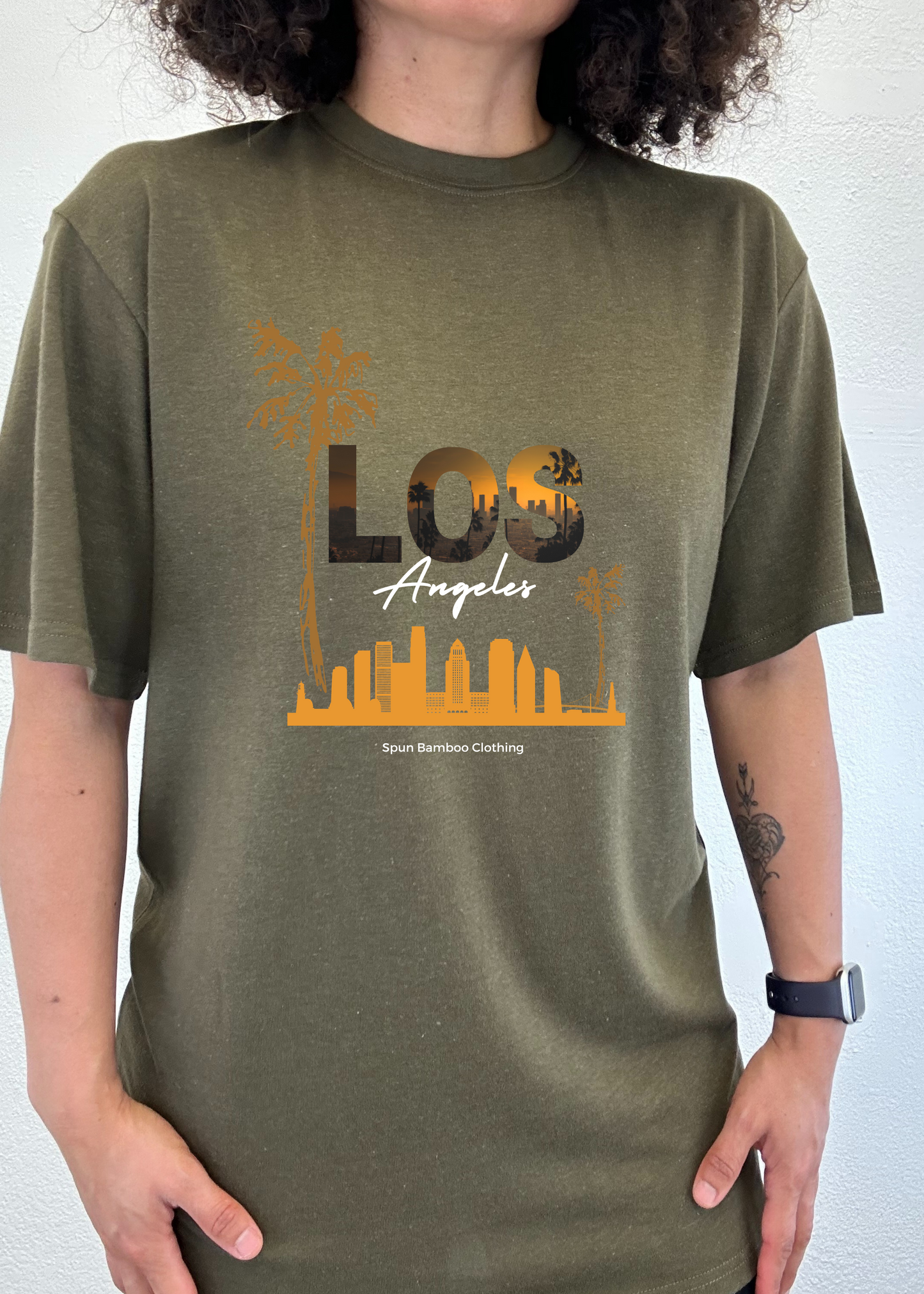 Los Angeles unisex bamboo viscose/organic cotton graphic T-shirt in olive by Spun Bamboo on Tampa Home & Garden Store