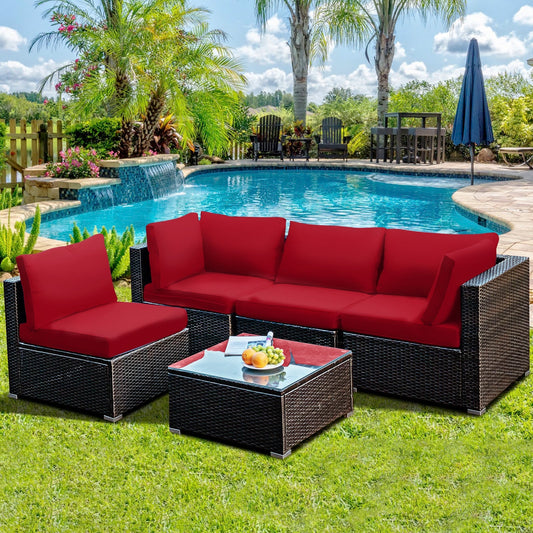 5 Pieces Cushioned Patio Rattan Furniture Set with Glass Table-Red - Tampa Home & Garden Store