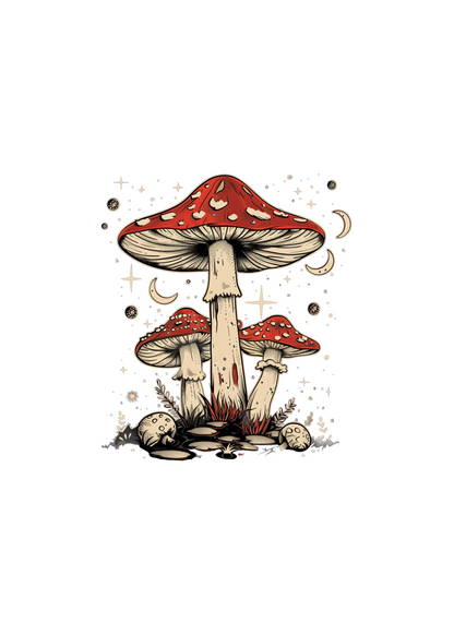 Boho mushroom graphic tee, unisex bamboo/cotton, red cap fungi art on Tampa Home & Garden Store