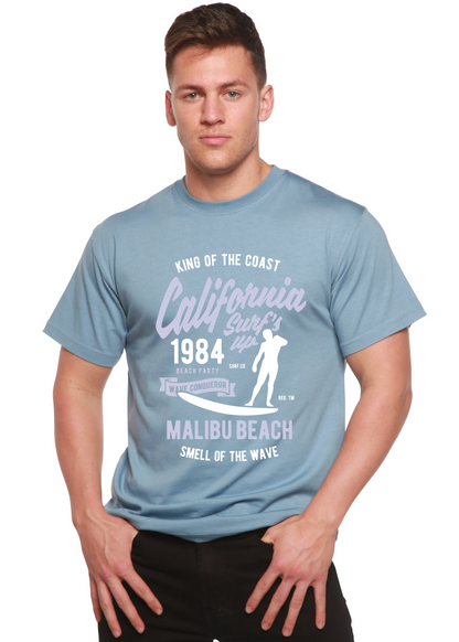 California 1984 Spun Bamboo men's short sleeve graphic tee in light blue with surf print on Tampa Home & Garden Store