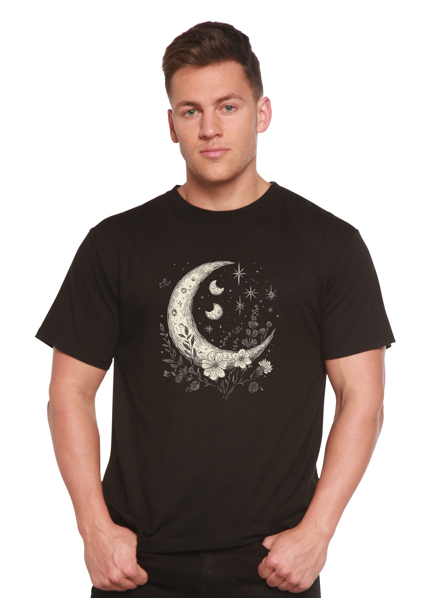 Moons and Stars Boho Flowers Vintage Unisex Bamboo/Cotton Graphic T-Shirt black with moon floral on Tampa Home & Garden Store