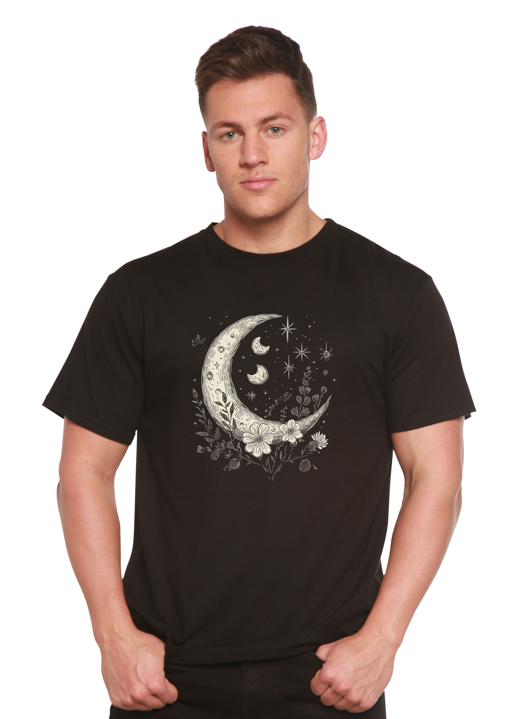 Moons and Stars Boho Flowers Vintage Unisex Bamboo/Cotton Graphic T-Shirt black with moon floral on Tampa Home & Garden Store