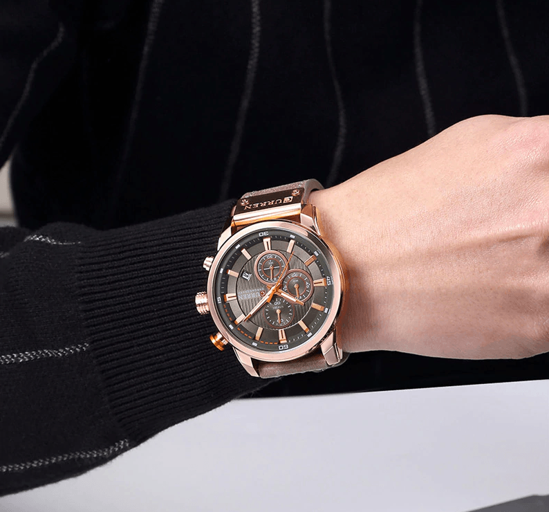 Stevvex men's waterproof chronograph watch with leather strap rose gold case hardlex glass on Tampa Home & Garden Store
